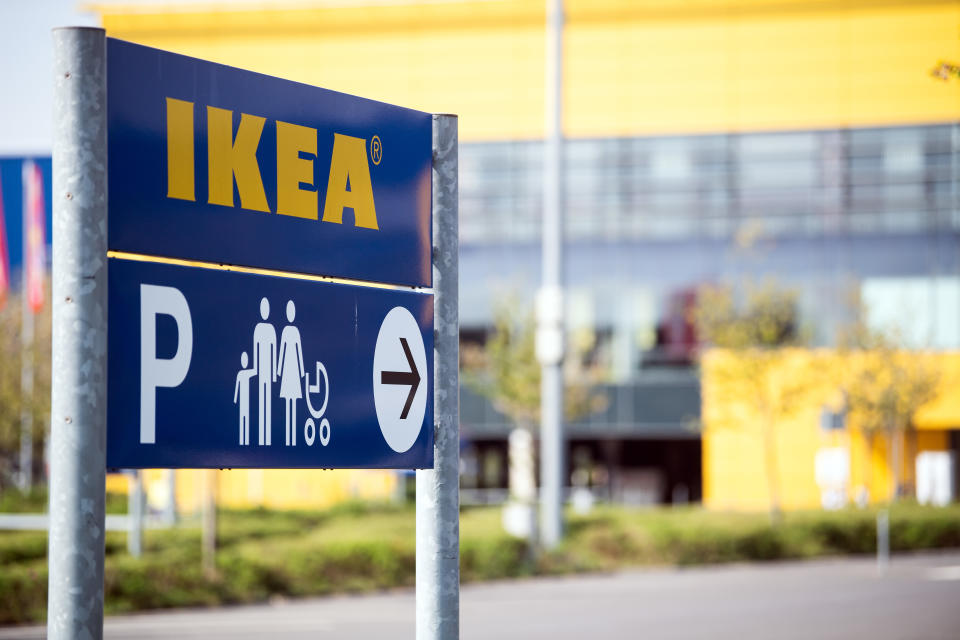 17 April 2020, North Rhine-Westphalia, Cologne: A sign points out the family parking spaces at an Ikea furniture store. The furniture giant Ikea will be allowed to reopen its stores from next week after the exemption in North Rhine-Westphalia. Photo: Federico Gambarini/dpa (Photo by Federico Gambarini/picture alliance via Getty Images)