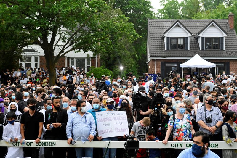 Vigil outside the London Muslim Mosque organized after four members of a Canadian Muslim family were killed in what police describe as a hate-motivated attack in London, Ontario