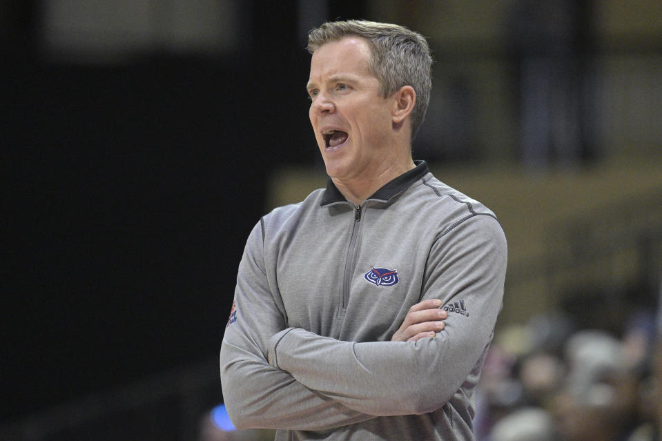 Florida Atlantic head coach Dusty May calls out instructions during the first half of an NCAA college basketball game against Butler, Thursday, Nov. 23, 2023, in Kissimmee, Fla. (AP Photo/Phelan M. Ebenhack)