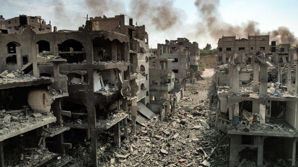 An aerial view of buildings destroyed by Israeli airstrikes in the Jabalya camp for Palestinian refugees in Gaza City, on October 11. - Yahya Hassouna/AFP/Getty Images