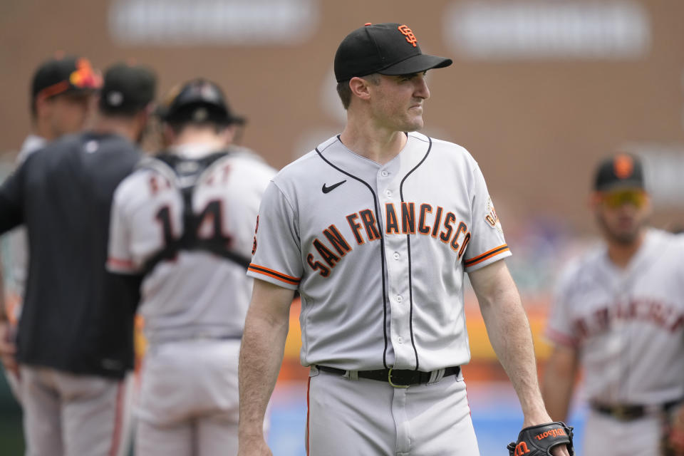 San Francisco Giants starting pitcher Ross Stripling is relieved during the seventh inning of a baseball game against the Detroit Tigers, Monday, July 24, 2023, in Detroit. (AP Photo/Carlos Osorio)