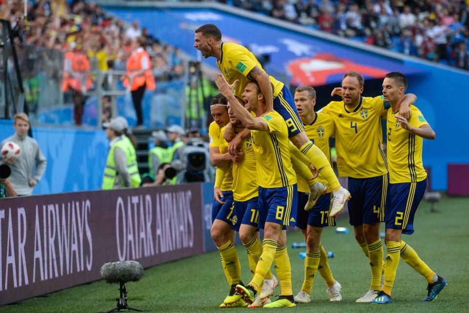 Sweden celebrate victory against Switzerland, which sent them through to a quarter-final clash with England