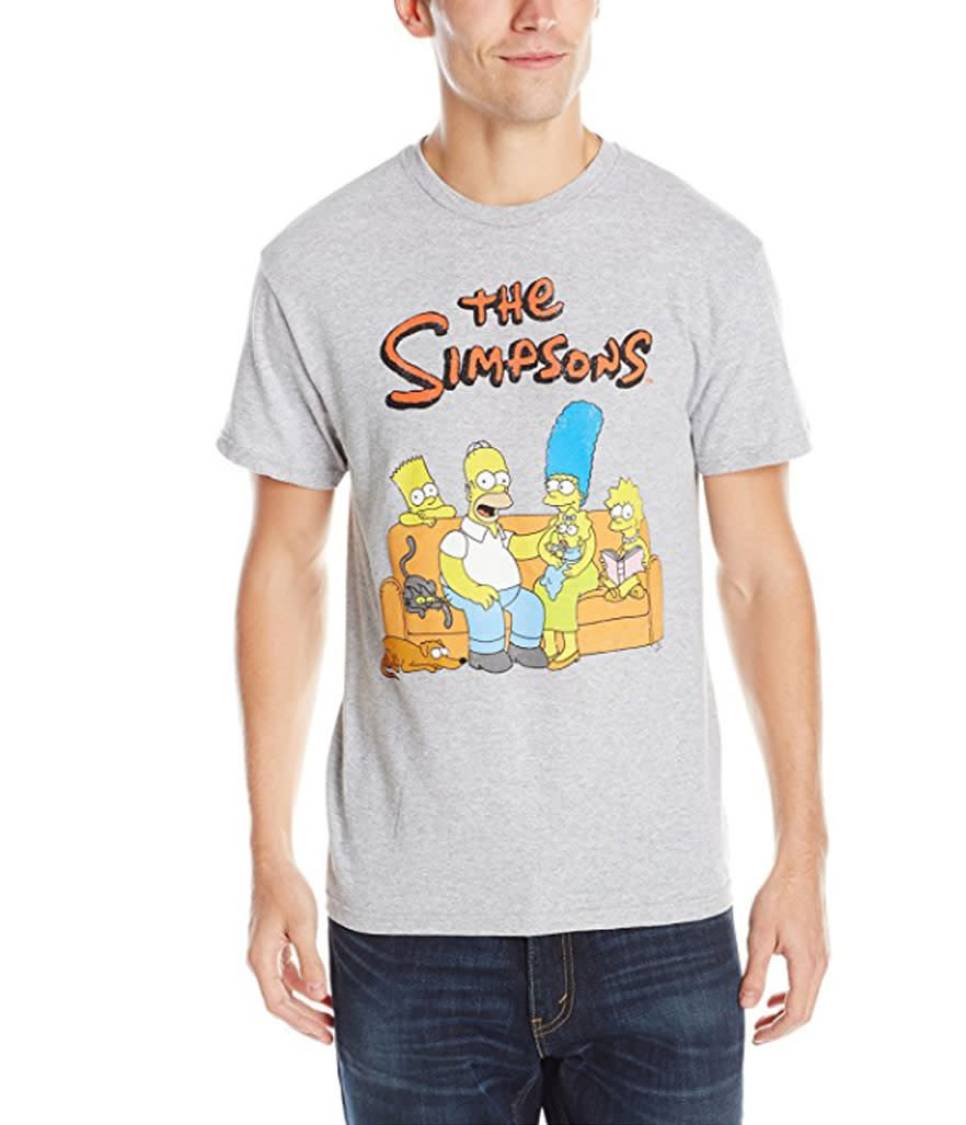 <p><em>The Simpsons</em> men’s group shot logo T-shirt, $21,<a rel="nofollow noopener" href="https://www.amazon.com/Simpsons-Group-T-Shirt-Heather-Small/dp/B01344GNHM/ref=sr_1_19?s=apparel&ie=UTF8&qid=1529508178&sr=1-19&nodeID=7141123011&psd=1" target="_blank" data-ylk="slk:amazon.com;elm:context_link;itc:0;sec:content-canvas" class="link "> amazon.com </a> </p>