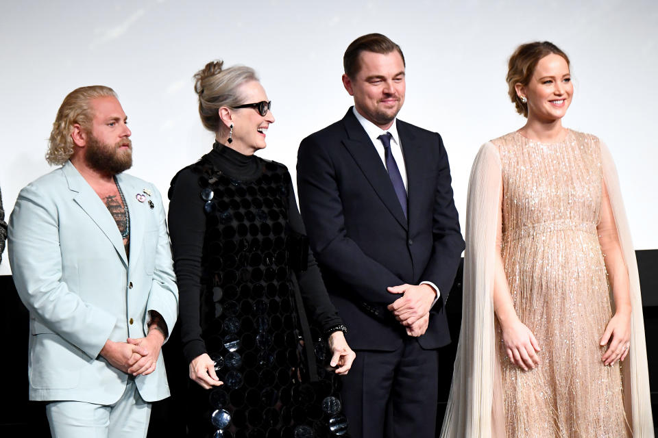 NEW YORK, NEW YORK - DECEMBER 05: (L-R) Jonah Hill, Meryl Streep, Leonardo DiCaprio, and Jennifer Lawrence attend the 