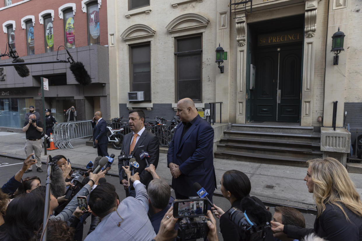 Thomas A. Kenniff, attorney for Daniel Penny, speaks to members of media outside at the 5th Precinct on Friday, May. 12, 2023 in New York. Manhattan prosecutors announced Thursday they would bring the criminal charge against Penny, 24, a U.S. Marine Corps veteran, in the May 1 death of 30-year-old Jordan Neely. (AP Photo/Jeenah Moon)