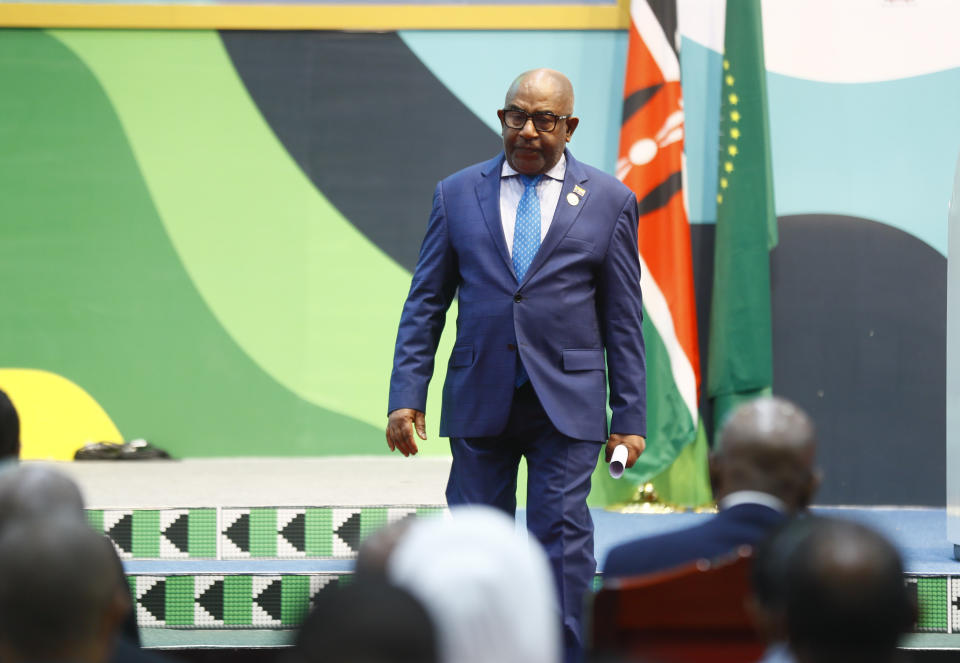 Azali Assoumani, President of the Comoros, arrives to attend the Africa Climate Summit at the Kenyatta International Conference Centre in Nairobi, Kenya Tuesday, Sept. 5, 2023. (AP Photo/Brian Inganga)