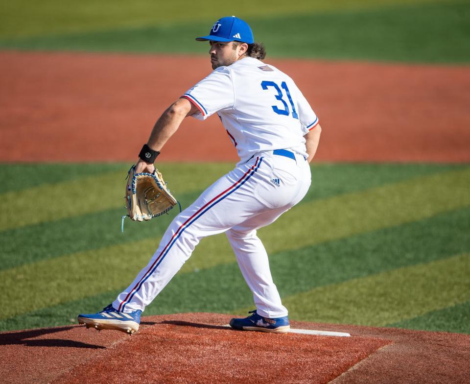 Reese Dutton pitched seven innings, allowing four hits and striking out eight in Kansas' 3-1 victory Friday against TCU. Dutton, a transfer from South Carolina Upstate, is one of three Jayhawks' starting pitchers with an earned-run average below 2.50.