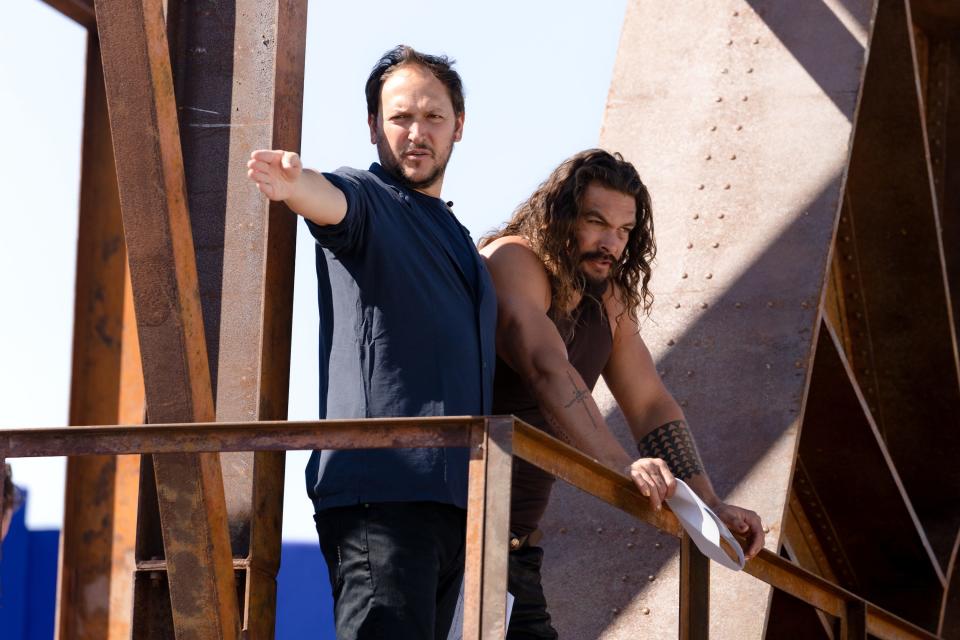 Louis Leterrier with Jason Momoa on set of "Fast X."