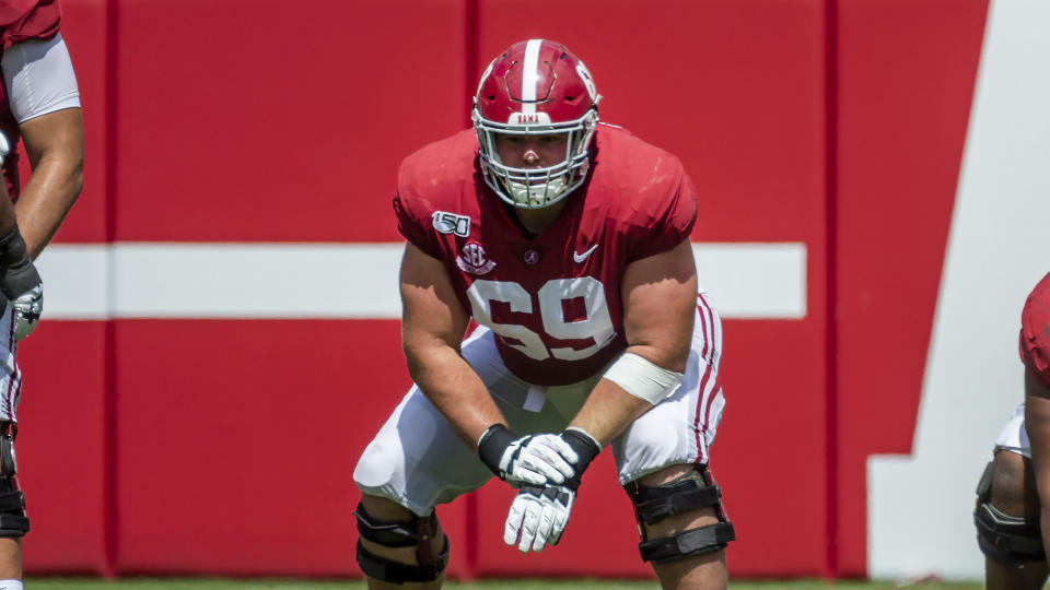 Alabama offensive lineman Landon Dickerson has tremendous upside, but his injuries are concerning. (AP Photo/Vasha Hunt)