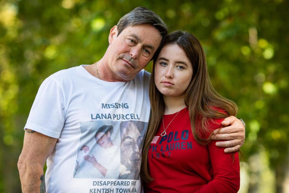 John Purcell, 61, and Megan Purcell, 15, the father and daughter of Lana Purcell, at the launch of a fresh appeal for information on the whereabouts of Lana (PA)