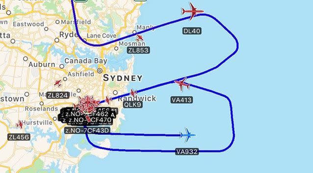 Virgin Australia flight #VA932 from Brisbane missed its second approach into Sydney Airport. Picture: Aviation Source/Twitter