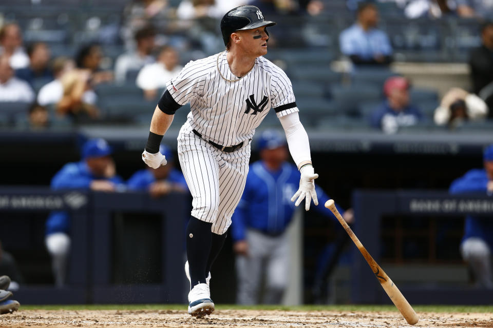 New York Yankees' Clint Frazier watches his three-run home run during the fifth inning of a baseball game against the Kansas City Royals on Sunday, April 21, 2019, in New York. (AP Photo/Adam Hunger)