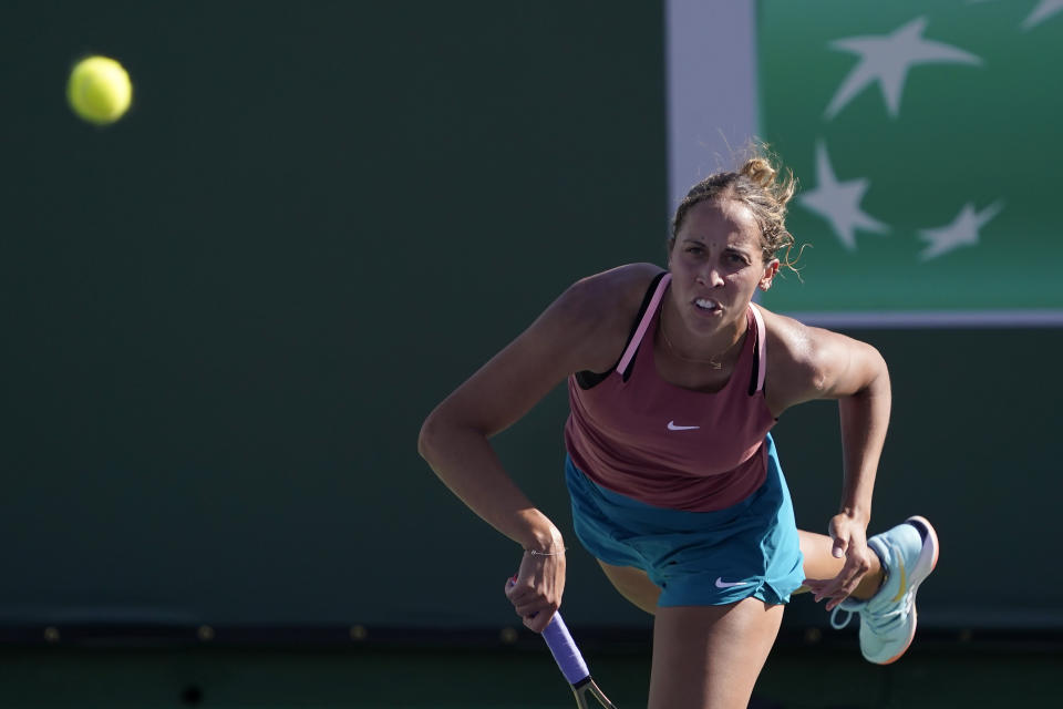 Madison Keys serves to Harriet Dart, of Britain, at the BNP Paribas Open tennis tournament Tuesday, March 15, 2022, in Indian Wells, Calif. (AP Photo/Mark J. Terrill)