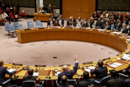 Russian Ambassador to the United Nations Vasily Nebenzya votes against a bid to renew an international inquiry into chemical weapons attacks in Syria, during a meeting of the U.N. Security Council at the United Nations headquarters in New York, U.S., November 17, 2017.  REUTERS/Brendan McDermid