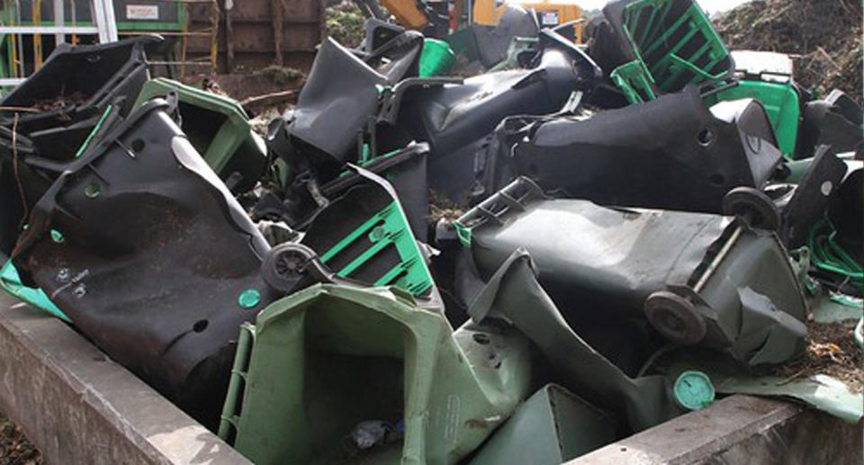 PIled of dumped wheelie bins at the Bulla Organics Facility in Victoria. Source: Waking up in Geelong/Marcus Wong