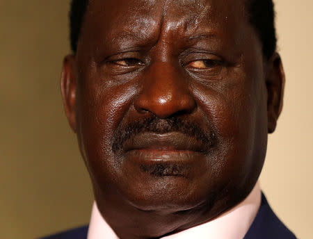 Kenya's opposition party leader, Raila Odinga, prepares for an interview with journalists in London, Britain October 13, 2017. REUTERS/Peter Nicholls