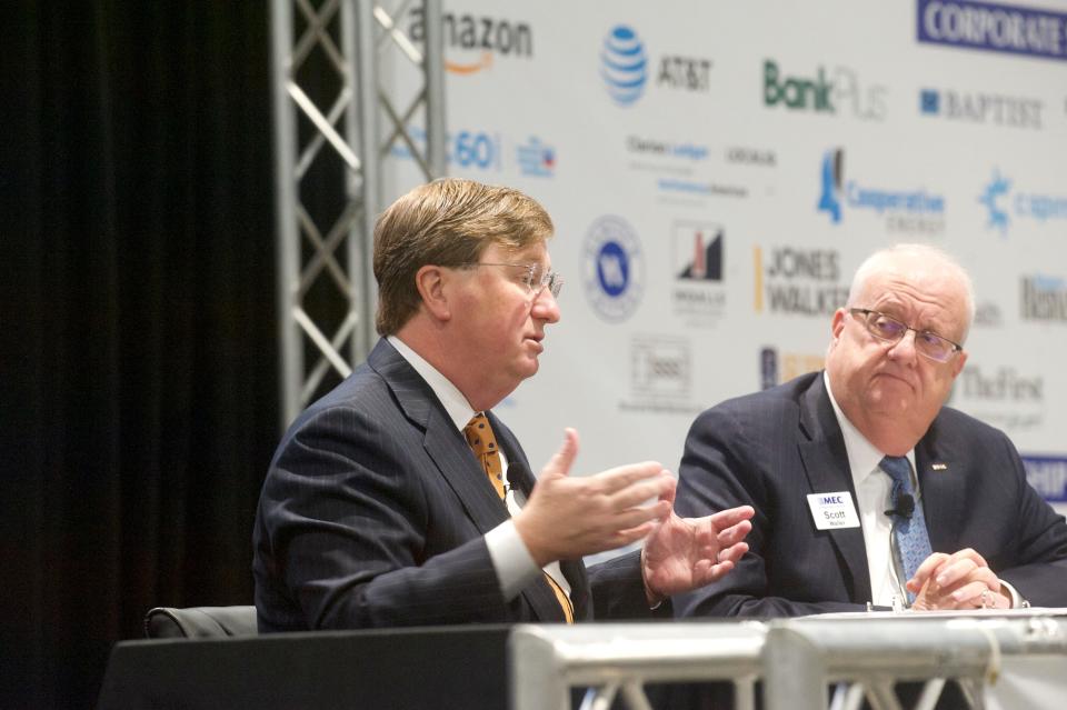 Gov. Tate Reeves addresses the Mississippi Economic Council at the Mississippi Trade Mart, Thursday, Jan. 4.