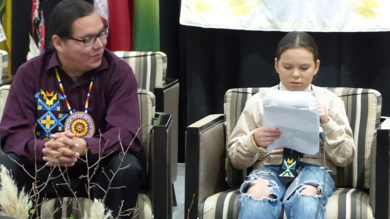 Boy, 10, reads own book in Nakoda at First Nations language conference