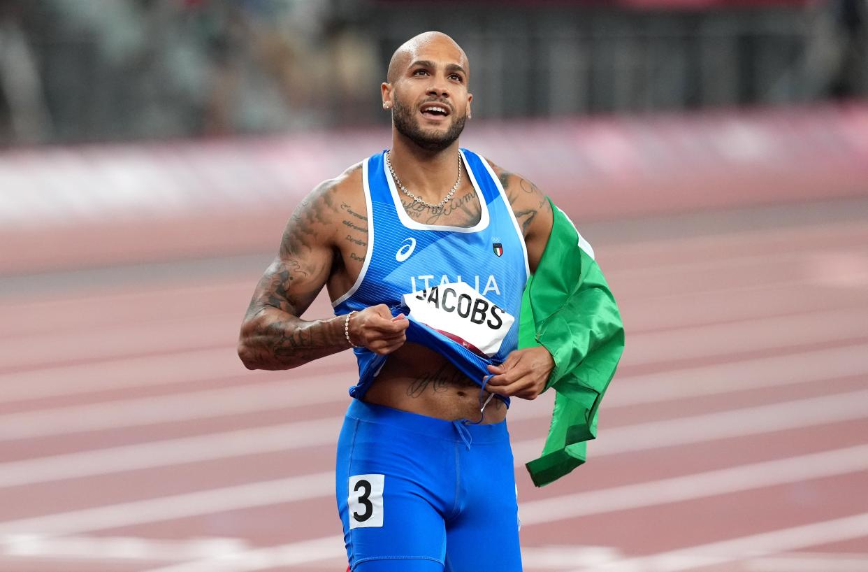 Italy’s Lamont Jacobs celebrates winning gold in the men’s 100 metres final (Martin Rickett/PA Images) (PA Wire)