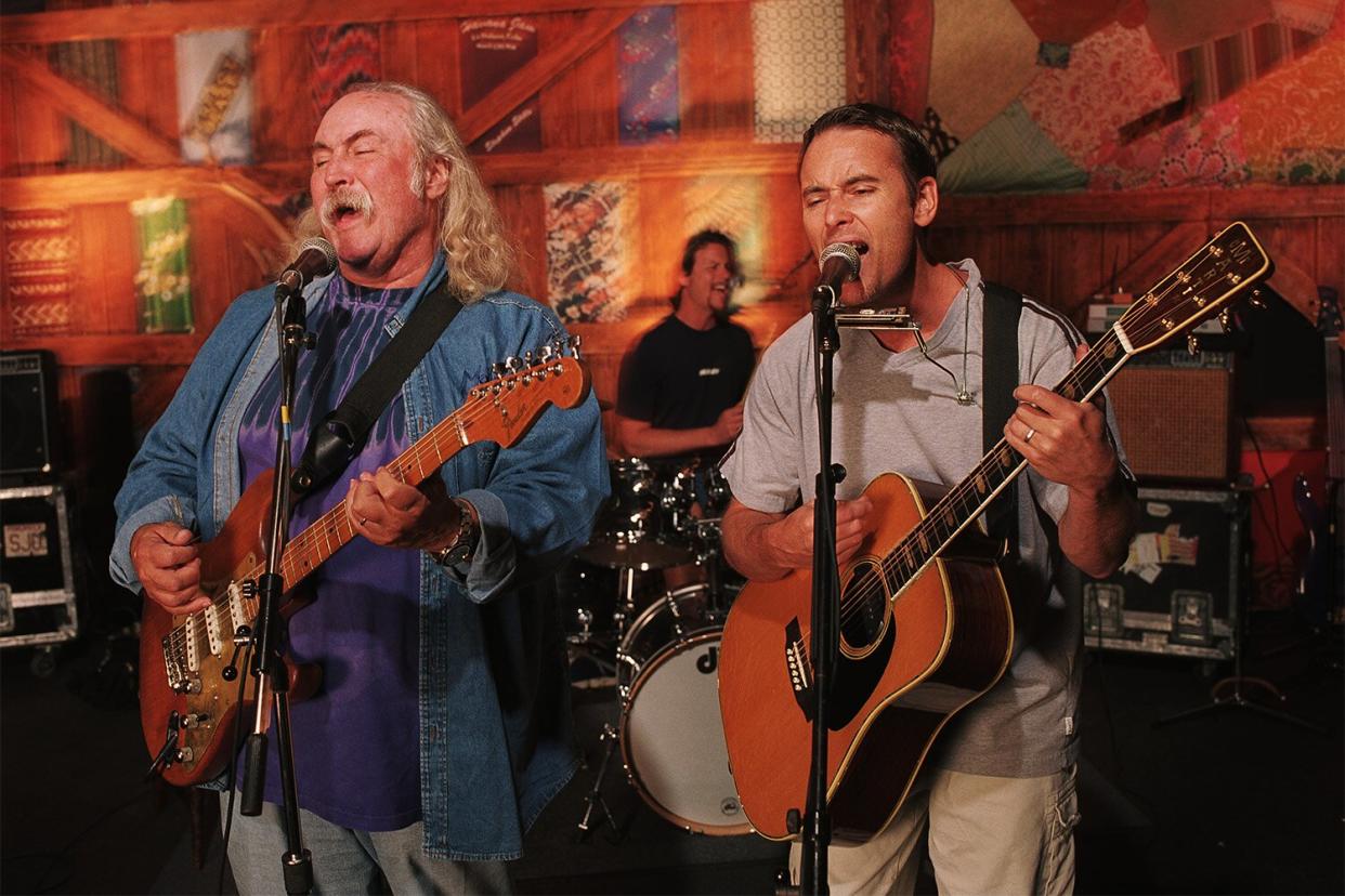 David Crosby and his son James Raymond of the band CPR on stage. Jeff Pevar is on drums. (Photo by Evan Hurd/Sygma/Sygma via Getty Images)