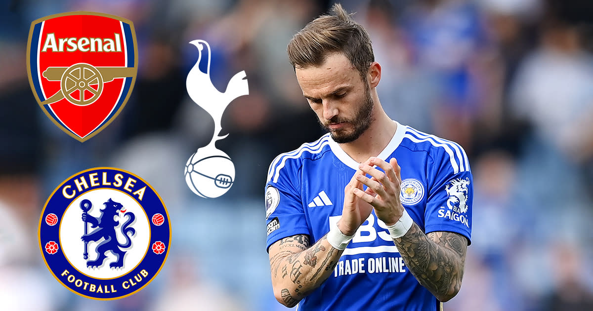  Arsenal, Tottenham and Chelsea linked James Maddison of Leicester City looks dejected after their sides defeat, resulting in their relegation to the Championship during the Premier League match between Leicester City and West Ham United at The King Power Stadium on May 28, 2023 in Leicester, England. 