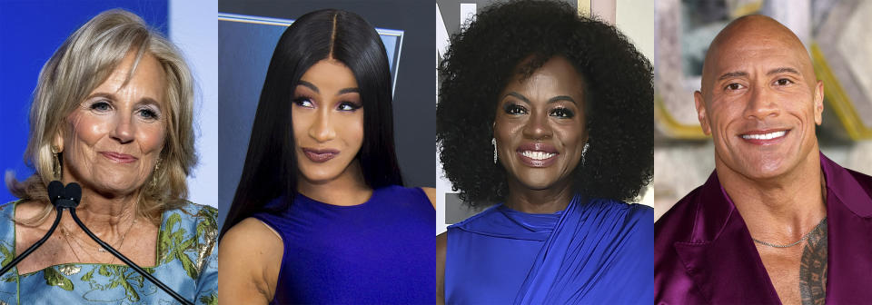 This combination of photos shows, from left, first lady Dr. Jill Biden, Cardi B, Viola Davis and Dwayne Johnson who are among the presenters for the Grammy Awards. (AP Photo)