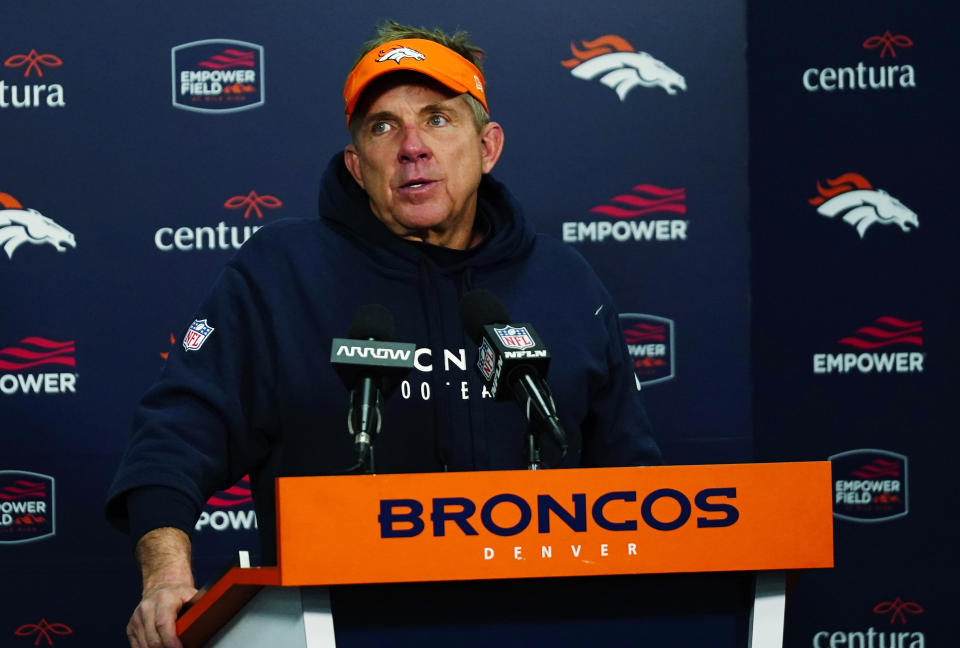 Denver Broncos head coach Sean Payton speaks during a news conference after an NFL football game at Empower Field at Mile High, Sunday, Dec. 24, 2023, in Denver. (AP Photo/Geneva Heffernan)