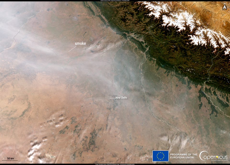 Satellite image shows thick smog covering Delhi this past week (Copernicus)