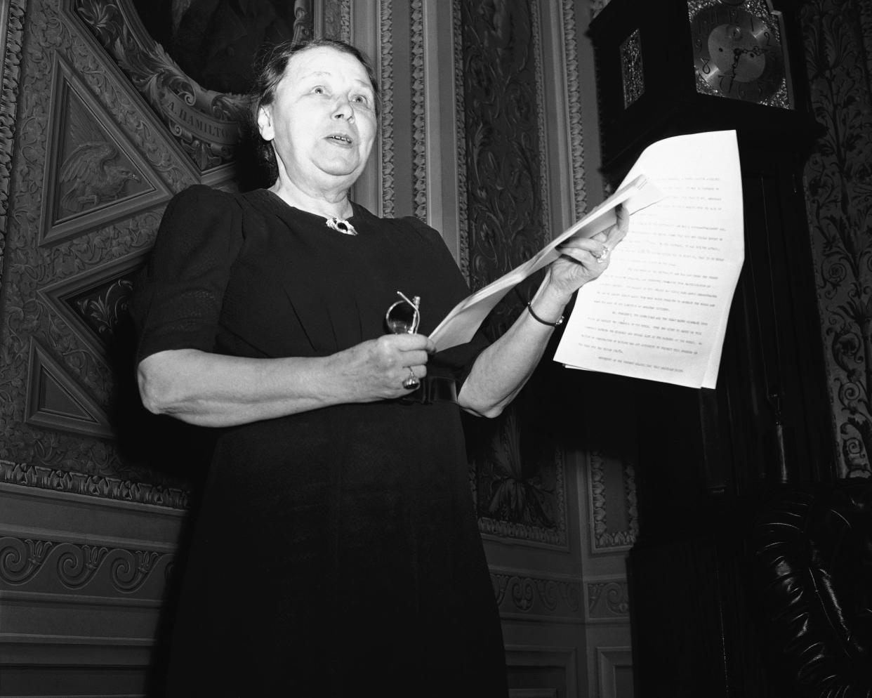 Preparing to take the floor for one of her rare speeches, Hattie W. Caraway (D-Ark), only woman member of the senate on Nov. 5, 1941, leafed through her address advocating revision of the U.S. Neutrality act and arming of U.S. Merchant ships.