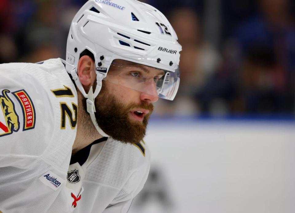 Feb 15, 2024; Buffalo, New York, USA; Florida Panthers left wing Jonah Gadjovich (12) waits for the face-off during the second period against the Buffalo Sabres at KeyBank Center. Mandatory Credit: Timothy T. Ludwig-USA TODAY Sports