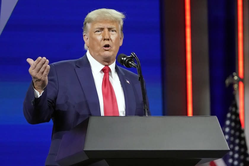 Former president Donald Trump speaks at the Conservative Political Action Conference (CPAC) Sunday, Feb. 28, 2021, in Orlando, Fla. (AP Photo/John Raoux)