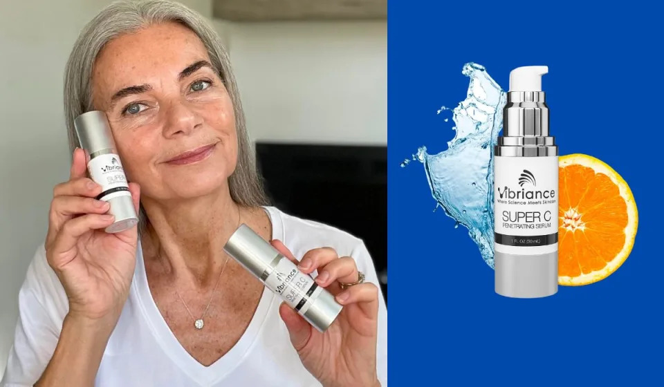 Woman with mature skin and bottle of serum