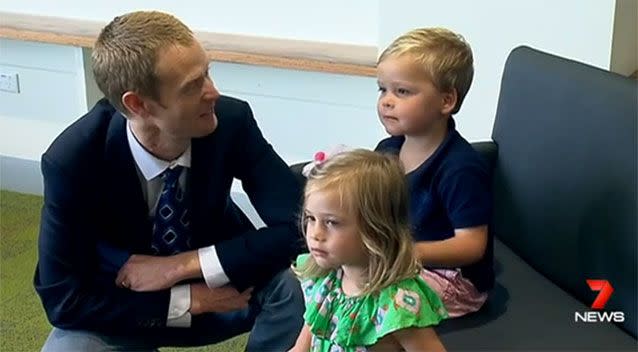 Assoc. Prof. Peter Vuillermin with twins Noah and Evie. Photo: 7 News