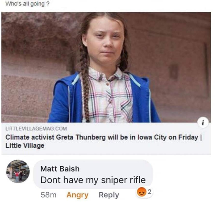 A screenshot of a Facebook post shows a comment former Waterloo West High School teacher Matt Baish made about teenage climate activist Greta Thunberg's visit to Iowa.