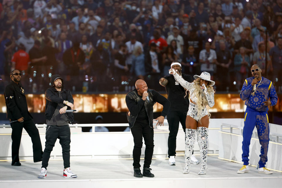 L–R: Kendrick Lamar, Eminem, Dr. Dre, 50 Cent, Mary J. Blige, and Snoop Dogg perform during the Pepsi Super Bowl LVI Halftime Show at SoFi Stadium on Feb. 13, 2022 in Inglewood. - Credit: Ronald Martinez/Getty Images