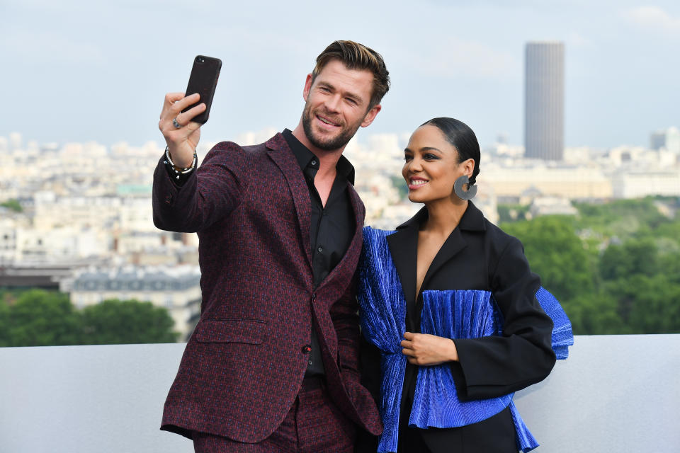 PARIS, FRANCE - JUNE 04: Chris Hemsworth and Tessa Thompson attend the photocall for "Men in Black" film at Cite de l'Architecture et du Patrimoine on June 04, 2019 in Paris, France. (Photo by Stephane Cardinale - Corbis/Corbis via Getty Images)