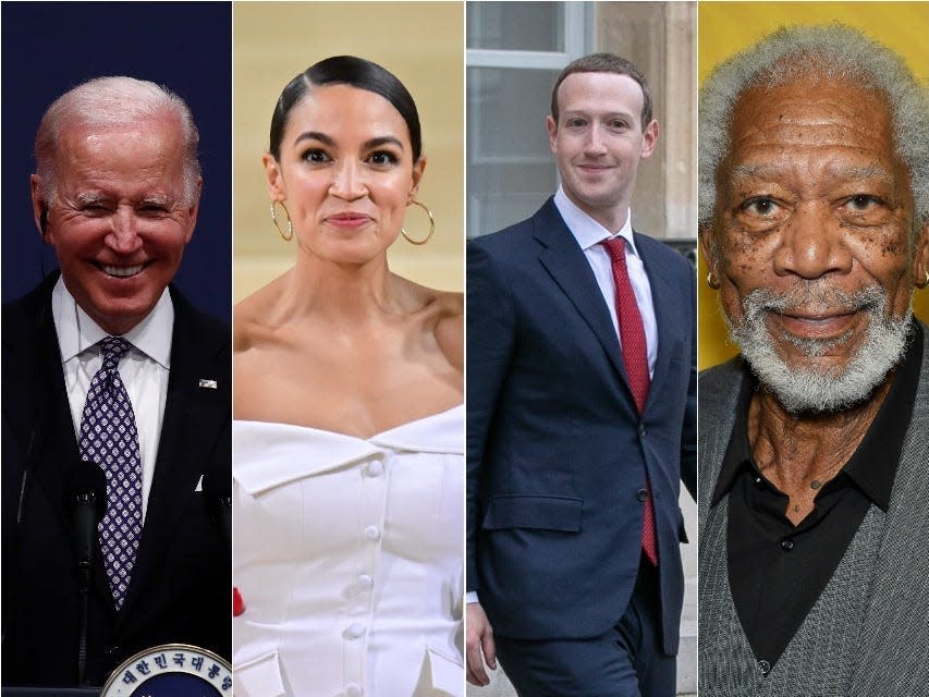 From left: Joe Biden, Alexandria Ocasio-Cortez, Mark Zuckerberg, Morgan Freeman