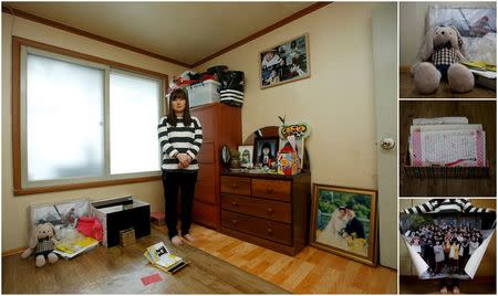 A combination picture shows Eom Ji-yeong, the mother of Park Ye-ji, a high school student who died in the Sewol ferry disaster, as she poses for a photograph in her daughter's room, as well as details of objects, in Ansan April 8, 2015. REUTERS/Kim Hong-Ji