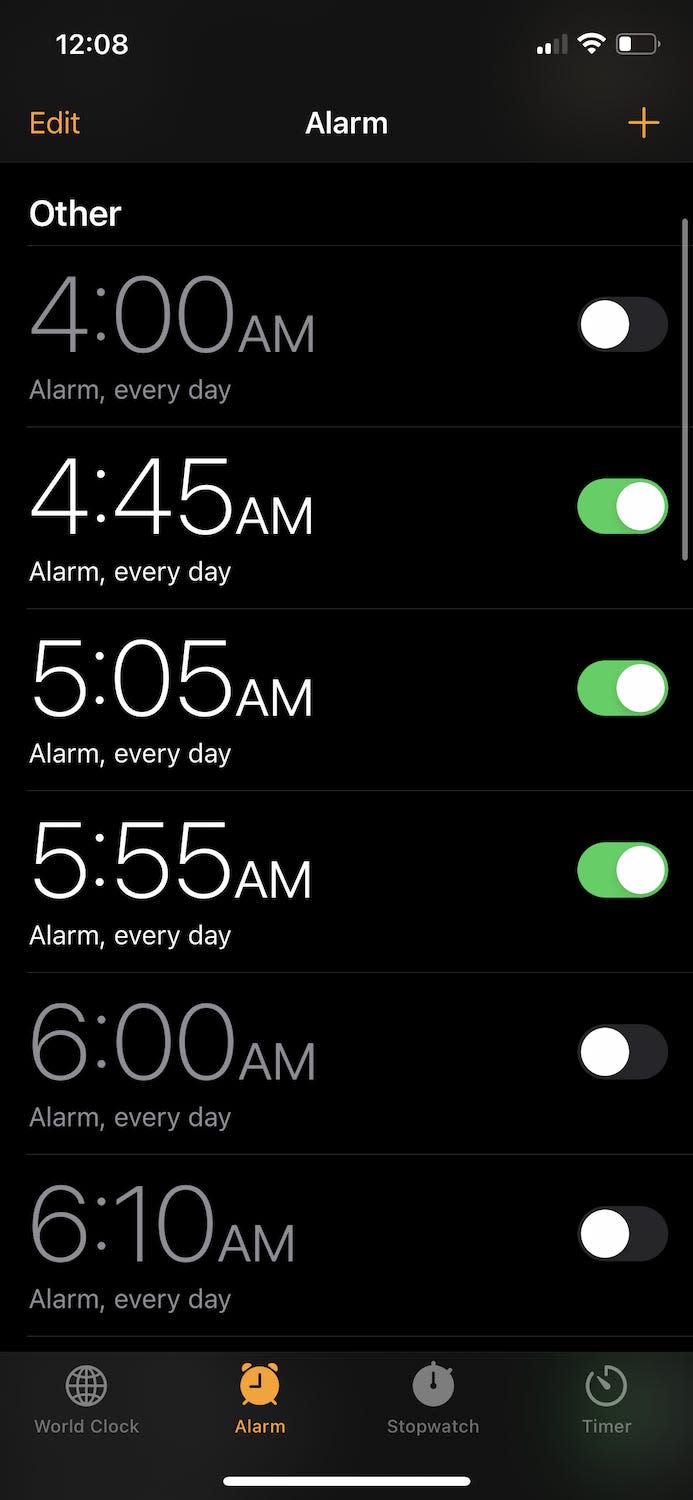A screenshot of alarms the author has set for skiing.