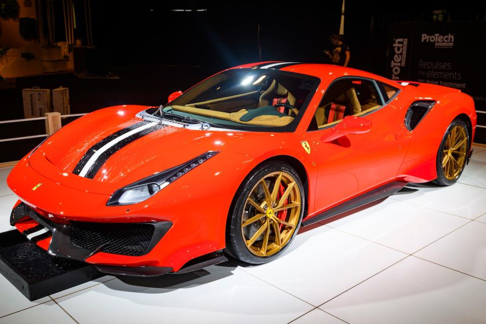 Ferrari 488 Pista sports car on display at Brussels Expo on January 8, 2020 in Brussels, Belgium. The 488 Pista is a more powerful and racy version of the Ferrari 488 GTB, based on the 488 GTE and 488 Challenge race cars.