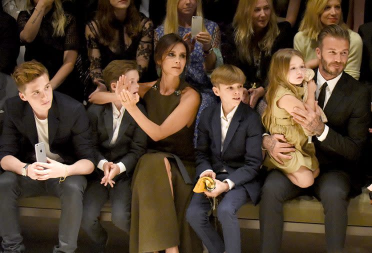 LOS ANGELES, CA - APRIL 16: (L-R) Brooklyn Beckham, Cruz Beckham, Victoria Beckham, Romeo Beckham, Harper Beckham, David Beckham, editor-in-chief of American Vogue Anna Wintour and Julia Gorden attend the Burberry 