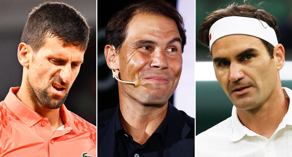 Pictured (L-R) Novak Djokovic, Rafa Nadal and Roger Federer