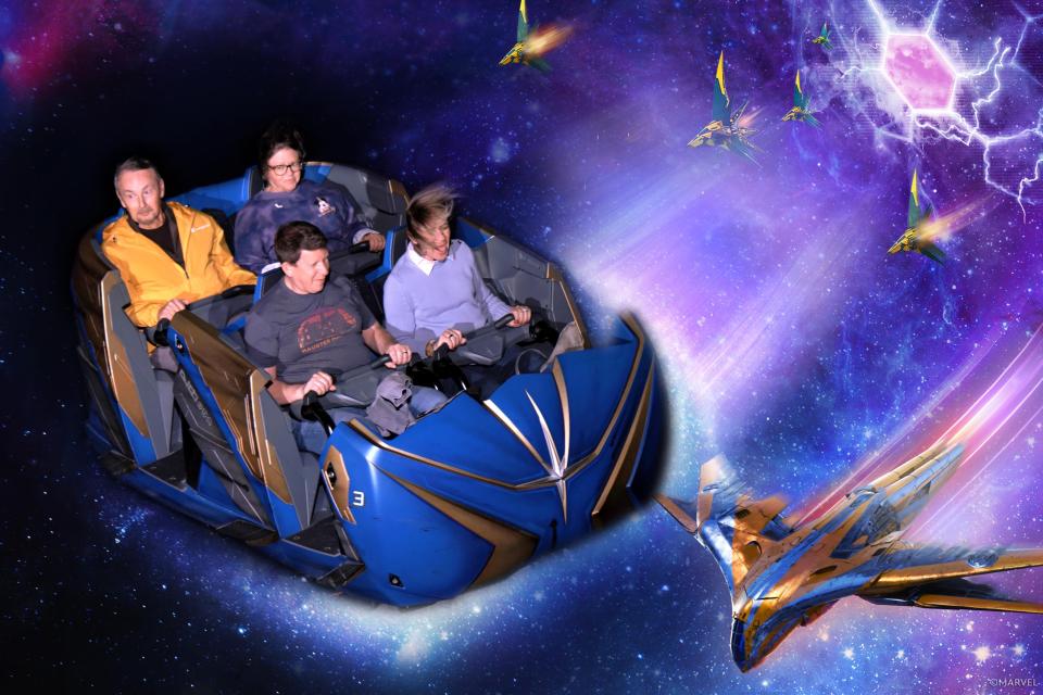 ride photo of terri and her husband on the guardians of the galaxy in disney world