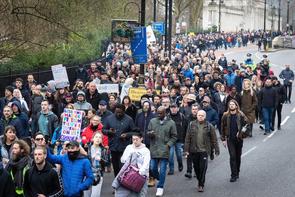 Thousands of protesters take part in an anti-lockdown march. A World-Wide Rally for Freedom was organised a year after lockdowns were introduced to try and stop the spread of COVID-19. (Photo by Andy Barton/SOPA Images/LightRocket via Getty Images)