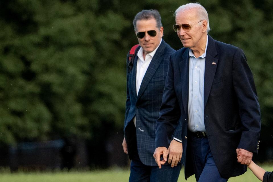 President Joe Biden, and his son Hunter Biden arrive at Fort McNair on Sunday, June 25, 2023, in Washington. The Bidens were returning from Camp David.