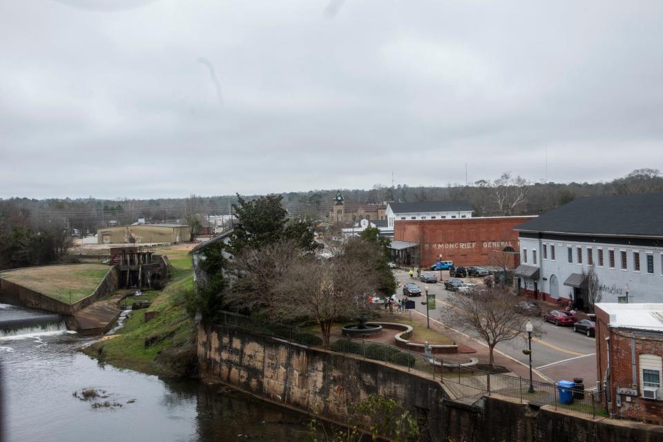 The view of downtown from inside the abandoned Daniel Pratt Gin shop in Prattville, Ala., on Wednesday, Feb. 10, 2021. The building is being remodeled for commercial and residential space.