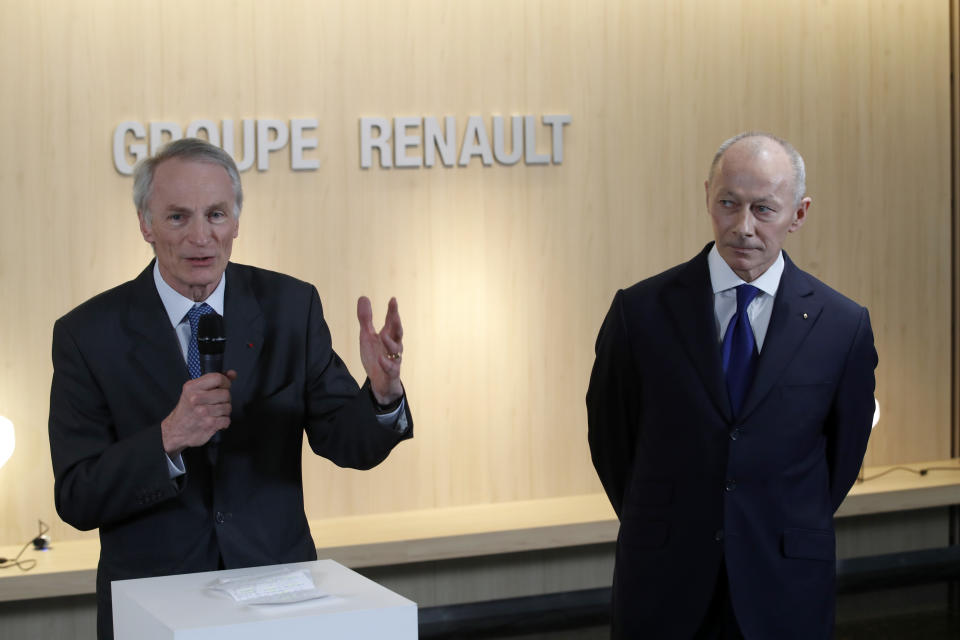 Newly appointed Renault chairman Jean-Dominique Senard, left, and Renault CEO Thierry Bollore address the media after a board meeting held at Renault headquarters in Boulogne-Billancourt, outside Paris, France, Thursday, Jan. 24, 2019. The board of French carmaker Renault has chosen new leadership to replace industry veteran Carlos Ghosn, naming Jean-Dominique Senard as chairman and Renault executive Thierry Bollore as CEO. (AP Photo/Christophe Ena)