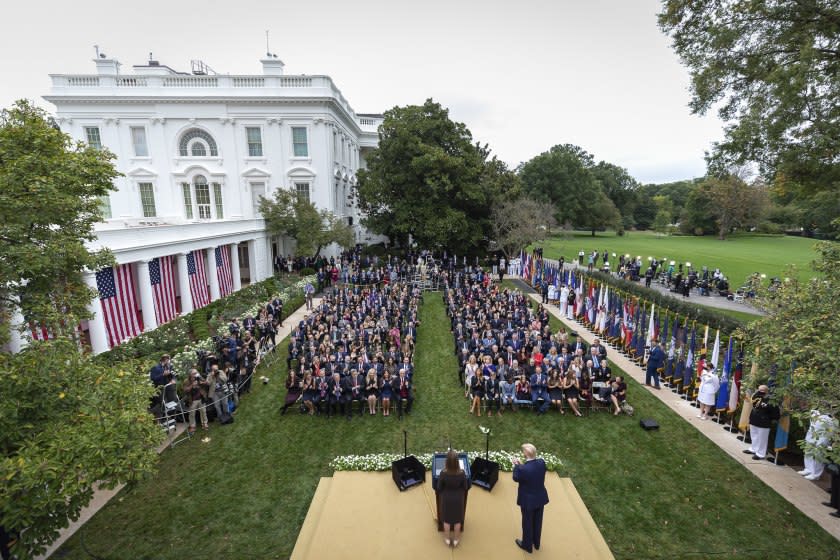 A large crowd is assembled in the Rose Garden to hear Judge Amy Coney Barrett