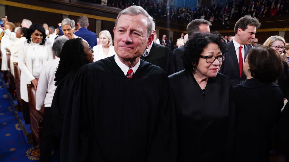 U.S. Supreme Court Chief Justice John Roberts and Associate Justice Sonia Sotomayor stand on the House floor ahead of the annual State of the Union address by U.S. President Joe Biden. - Shawn Thew/Pool/Getty Images