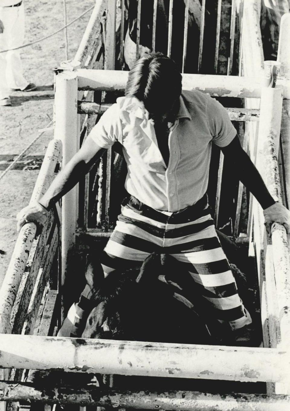The Oklahoma Department of Corrections is trying to revive the prison rodeo at the Oklahoma State Penitentiary in McAlester. This photo from the rodeo in 1984 shows an inmate preparing to compete.